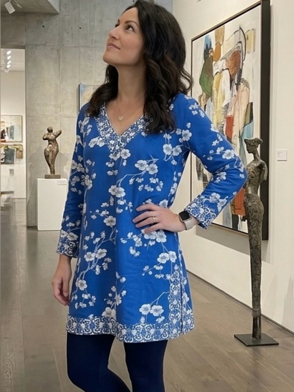 The Met Museum Blue White Chinoiserie Plum Blossom V-Neck Tunic Dress L